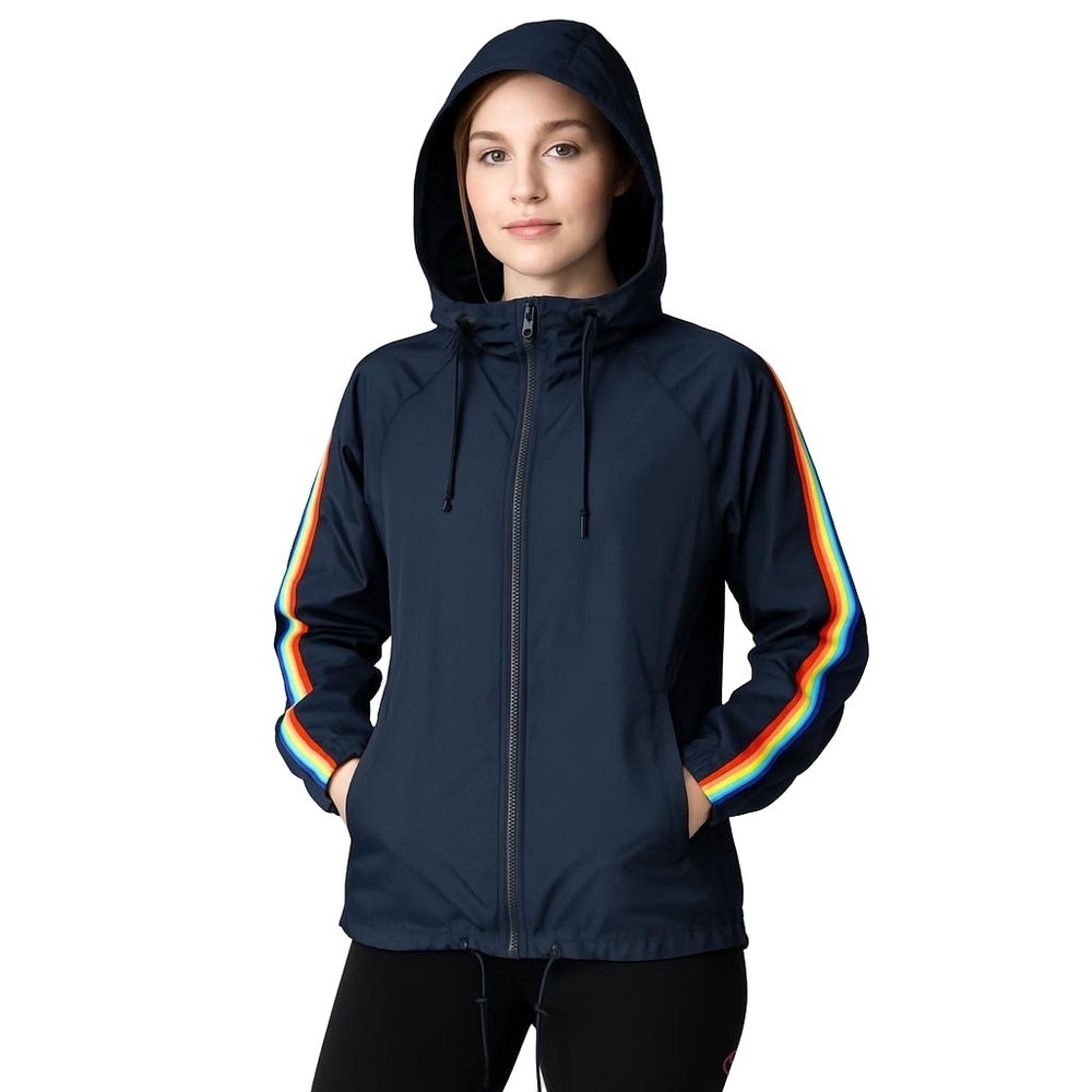ZYIA Active Rainbow Sleeve Bomber Jacket w/ Thumbholes Blue Size Medium